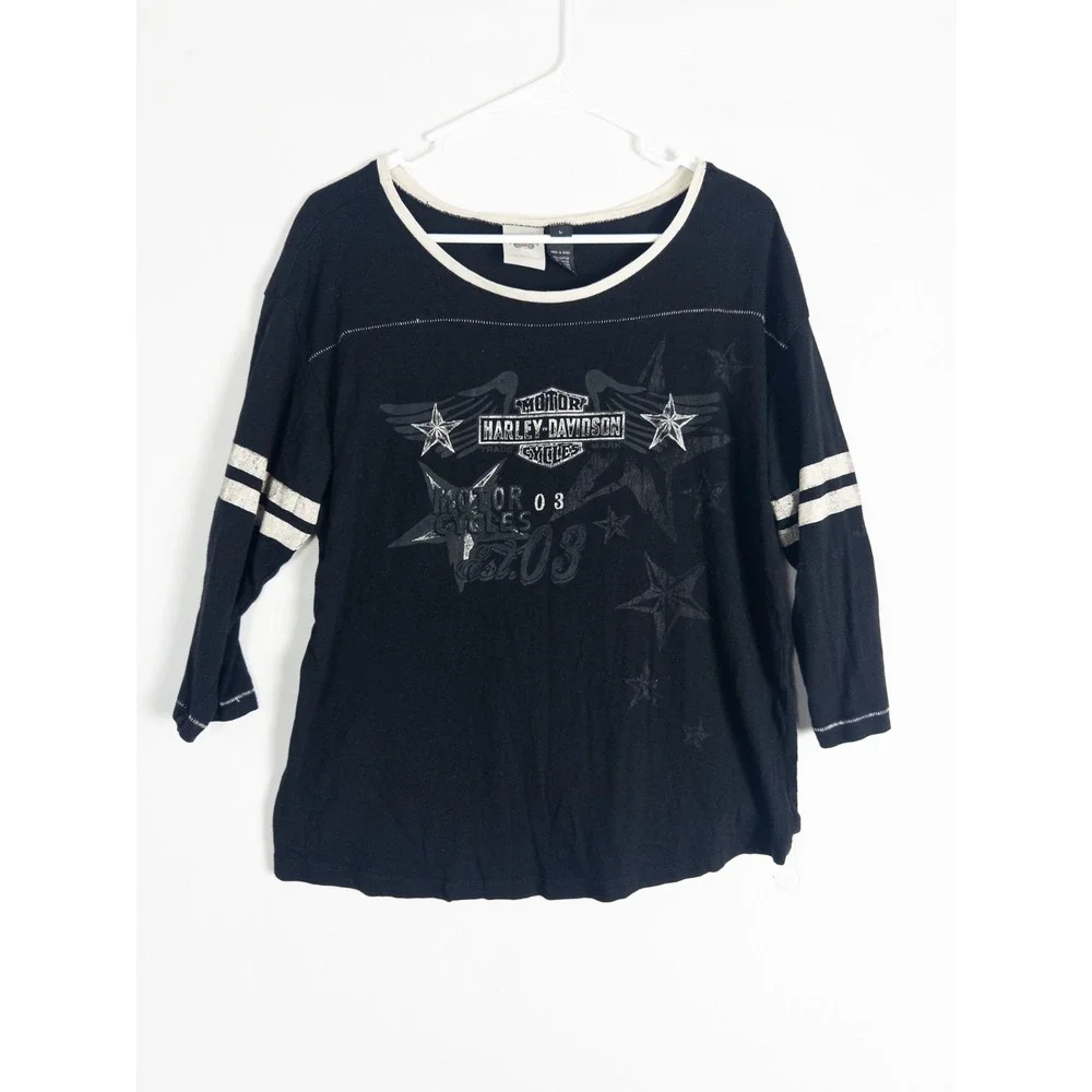 Harley Davidson Sweater Womens L Black Logo Cotton Blend Biker‎ Scoop